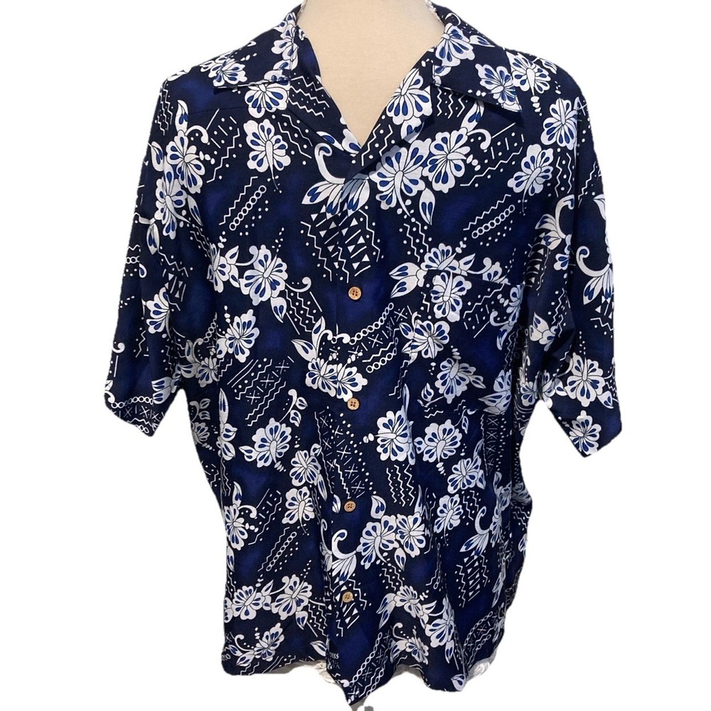 In Gear Hawaiian Shirt Mens XL Blue White Floral Tropical Aloha Front Pocket